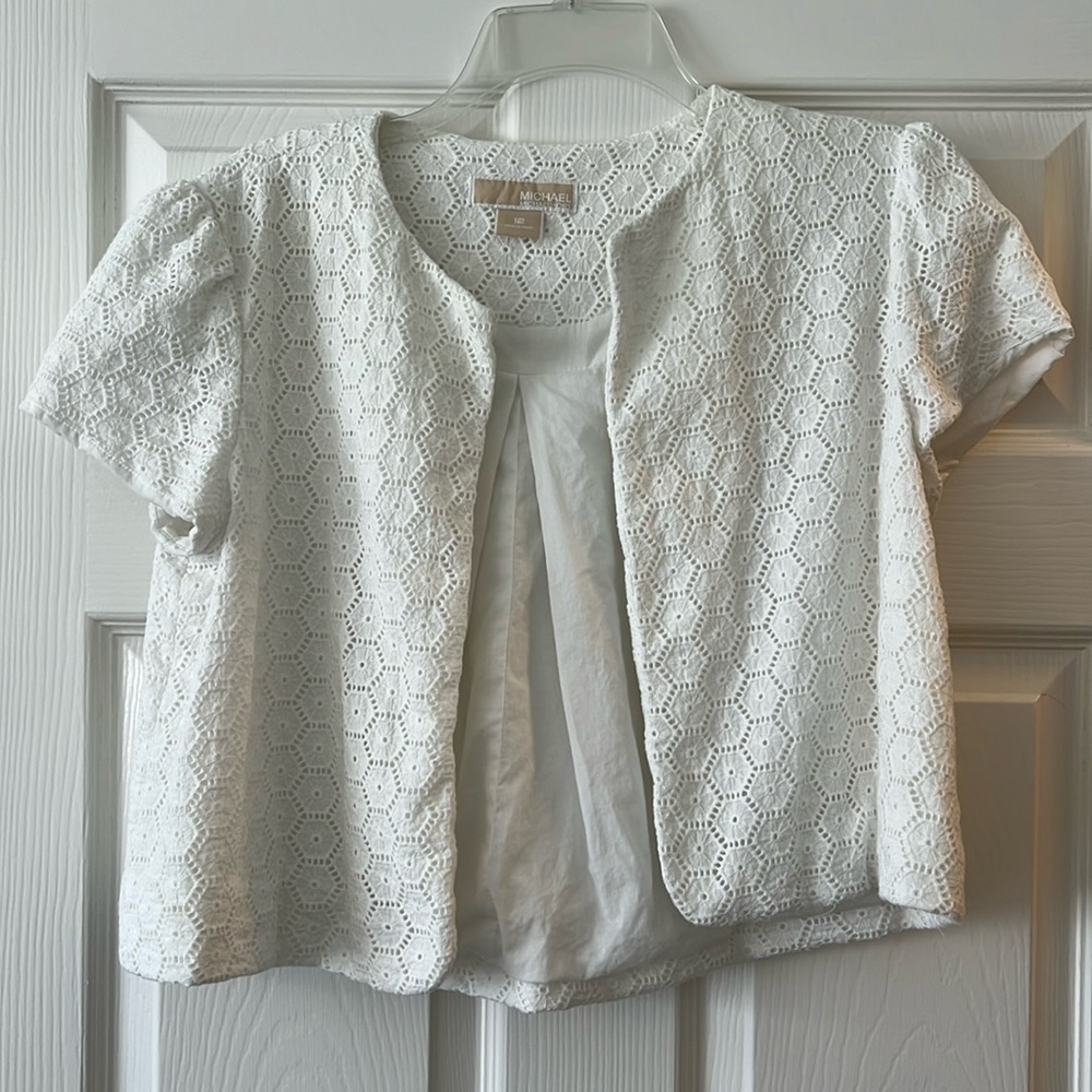 Michael Kors White Eyelet Lace Shrug Jacket, Size 12